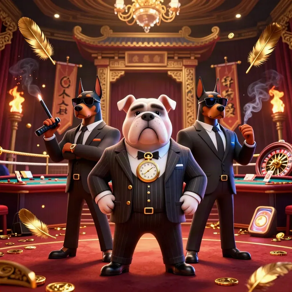 Bulldog casino boss with Doberman guards in a luxury burgundy gaming den