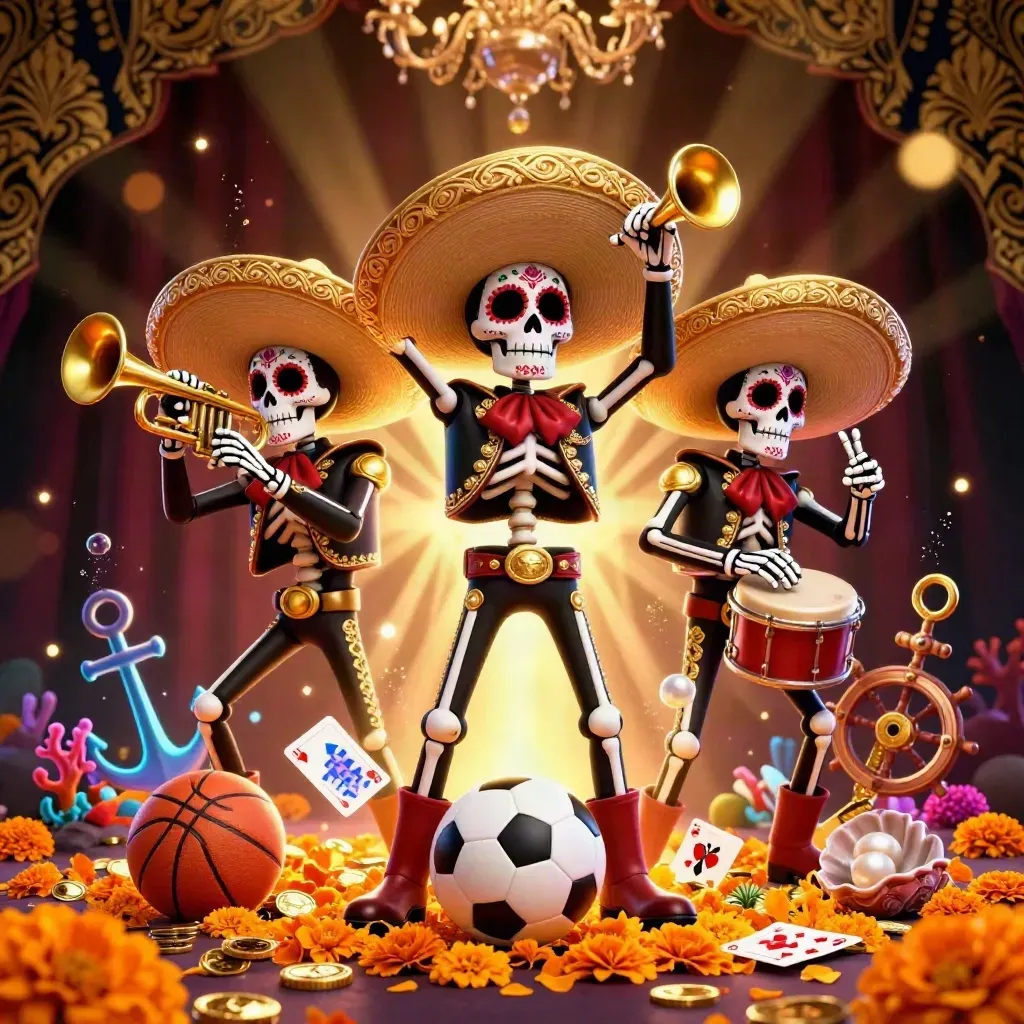 Skeleton mariachi trio amid coins, coral, cards, balls, and casino glow in a dark burgundy treasure cove.