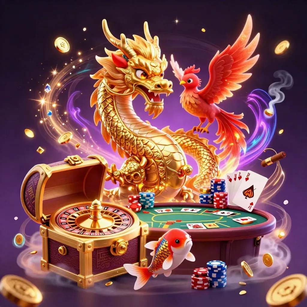 Golden dragon and phoenix amid roulette wheel, coins, gems, and purple casino glow.