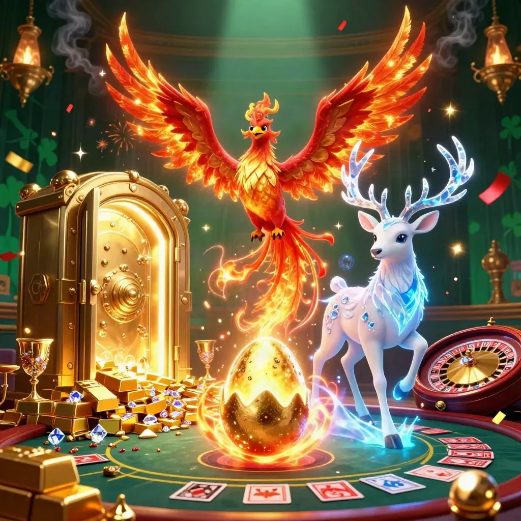 Phoenix trio over a vault of gold in a jewel-toned casino with chandelier sparks