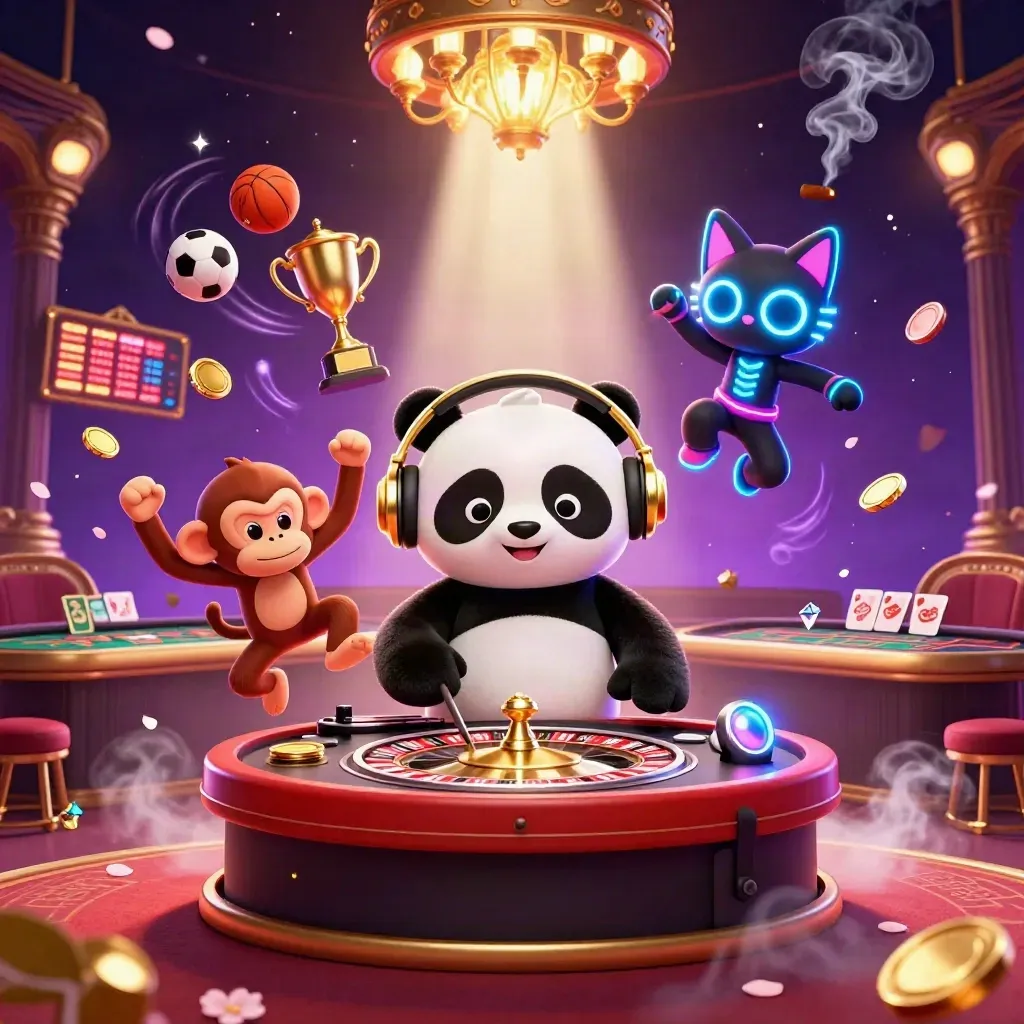 Cartoon panda DJ, breakdancing monkey, and glow-stick kitten in a luxe casino lounge.