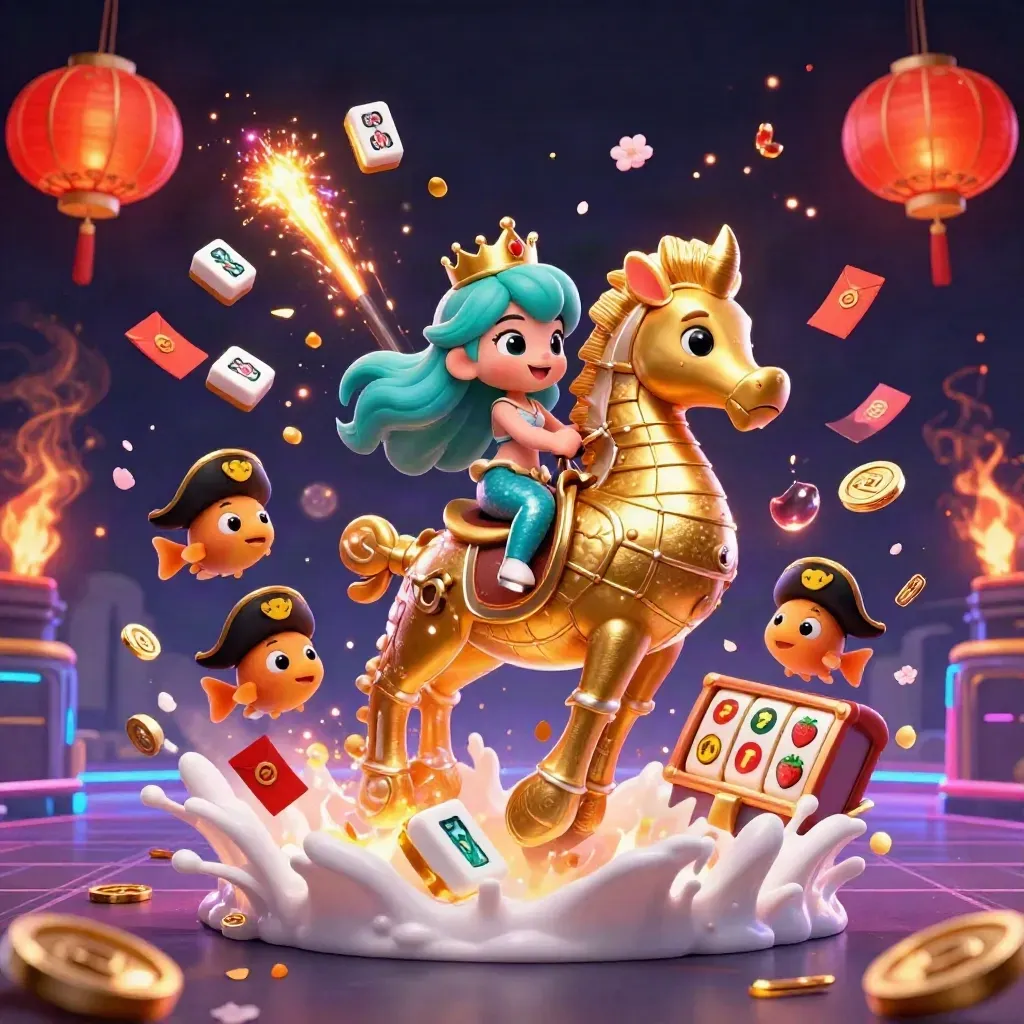 Mermaid princess rides armored seahorse amid casino tiles, lanterns, coins, fire, and neon glow
