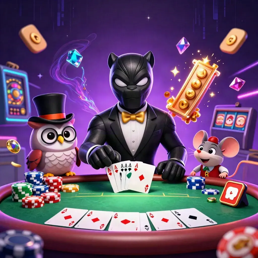 Panther dealer, owl gambler, and mouse with chips amid neon casino energy