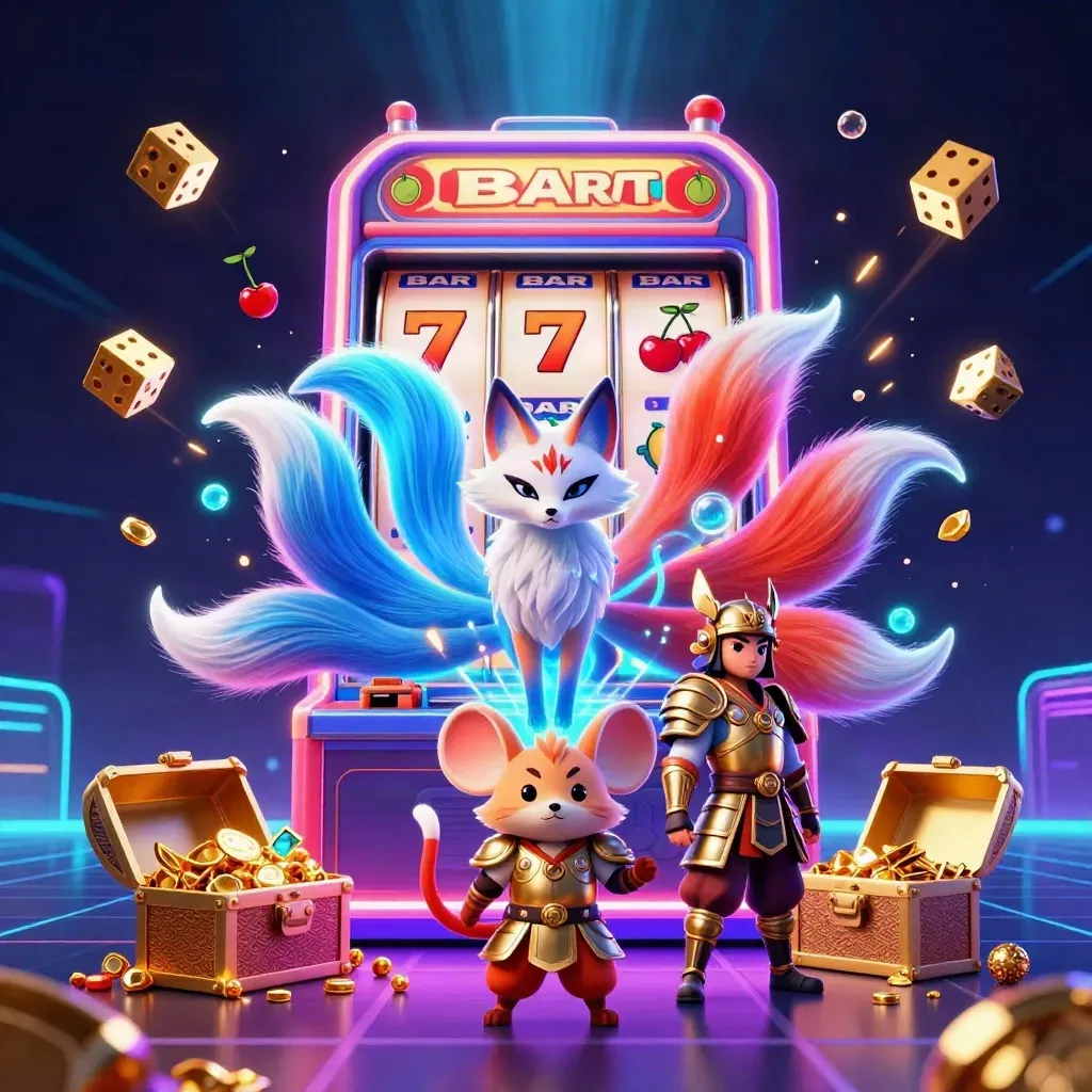 Fox spirit and samurai mouse amid exploding slots, treasure, and neon casino magic in blue glow.