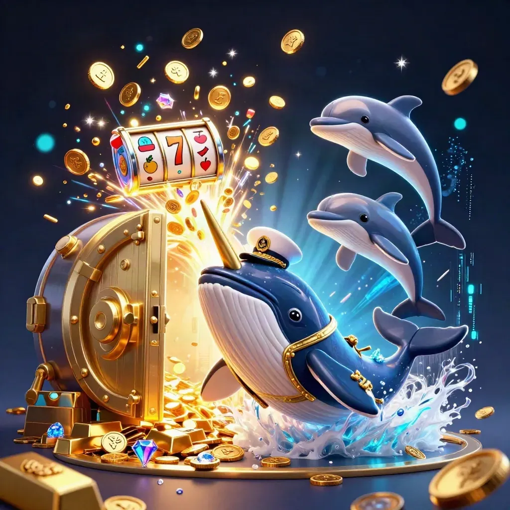 Captain whale, narwhal, and dolphins burst from coins as a vault opens in neon casino light