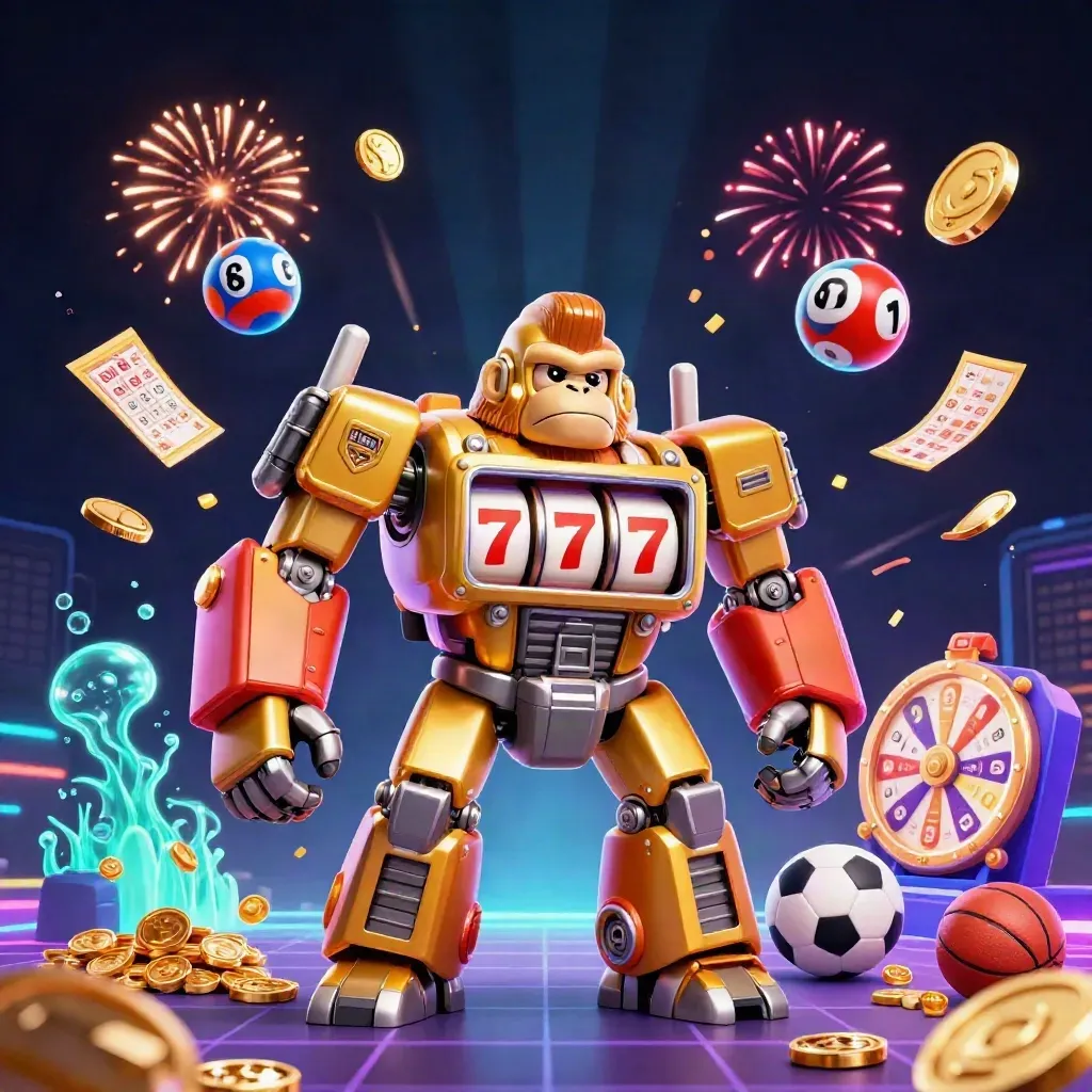 Golden gorilla mech with monkey pilot erupts in casino loot, coins, balls, and fireworks.