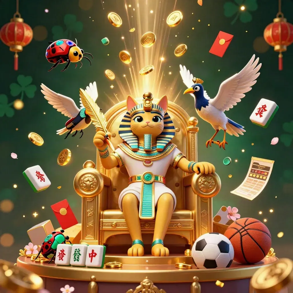 Pharaoh cat, ibis scribe, and gem-winged scarabs amid coins, fireworks, and sports props.