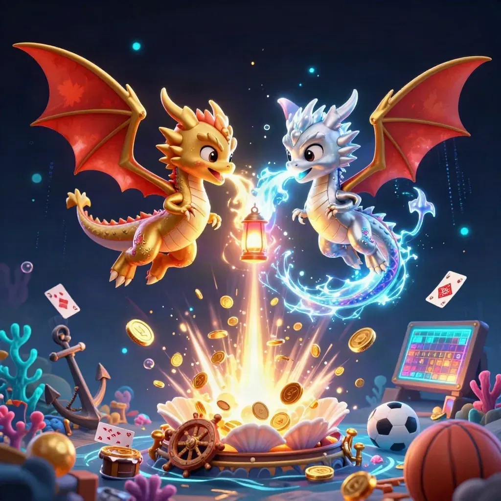 Gold and silver dragons swirl in a treasure cove with coins, coral, and neon energy.
