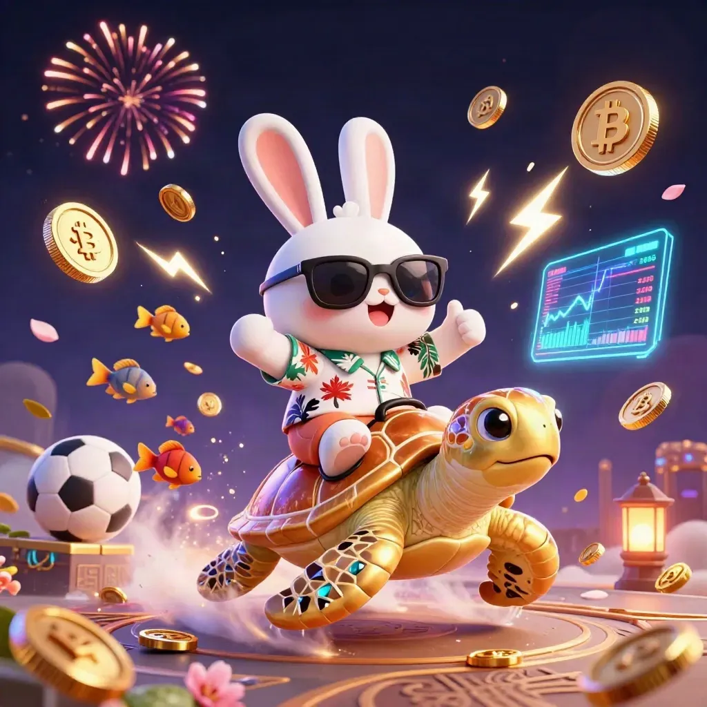 Lucky rabbit riding a golden sea turtle amid coins, crypto glow, fireworks, and sports icons.
