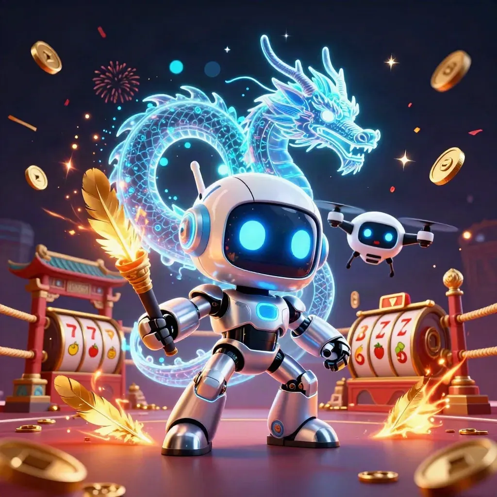 Robot mascot, holographic dragon, and coin drone amid reels, coins, and a temple gate.