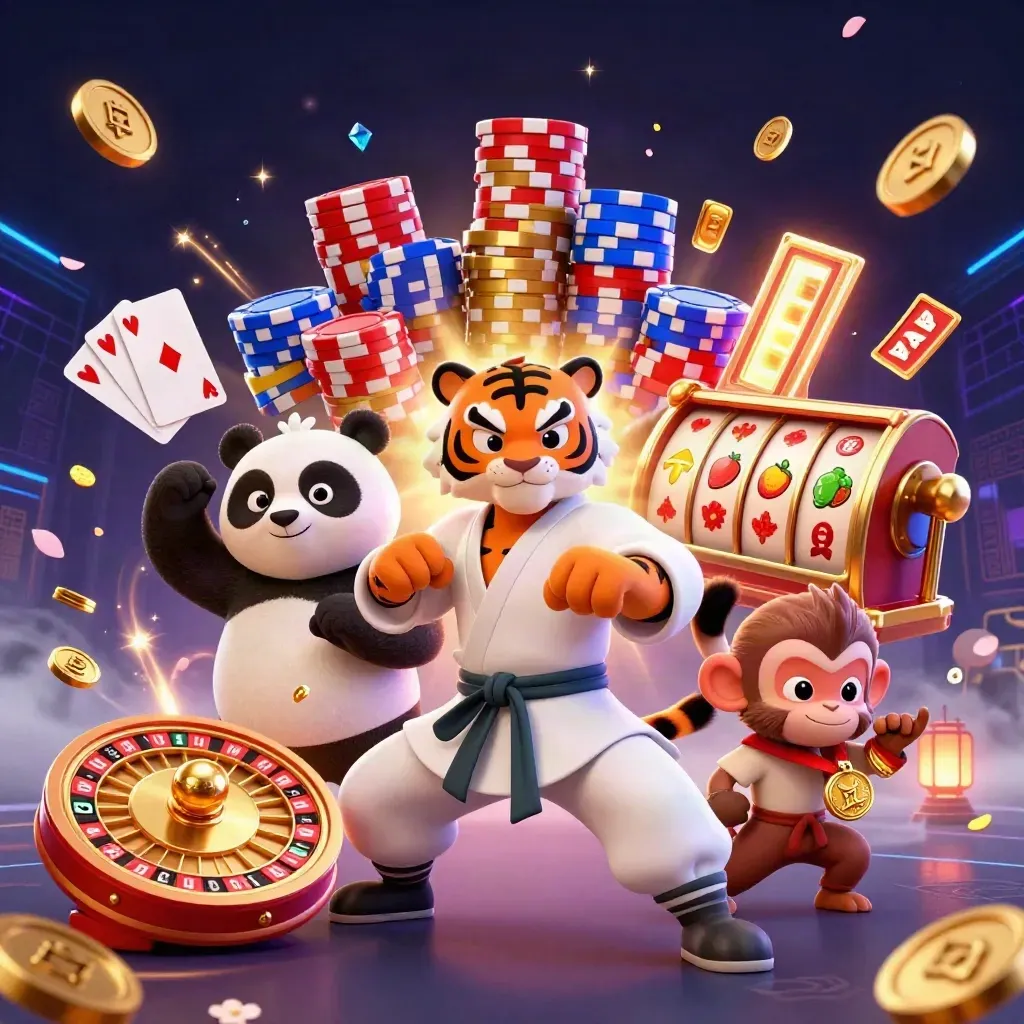 Kung-fu tiger, panda, and monkey amid casino coins, chips, cards, and neon effects.
