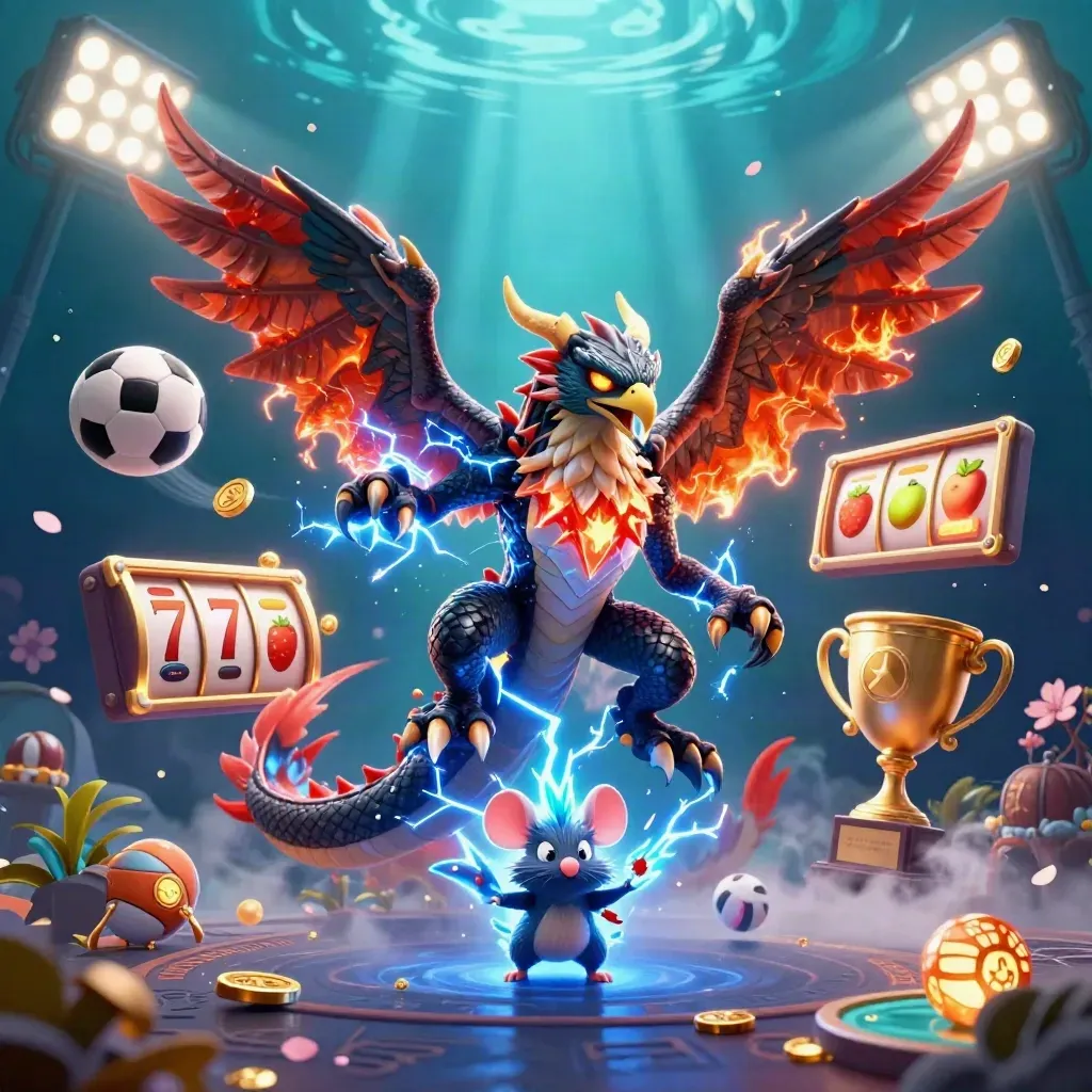 Thunder dragon, glowing hawk and tiny mouse amid casino symbols, coins and neon lightning.