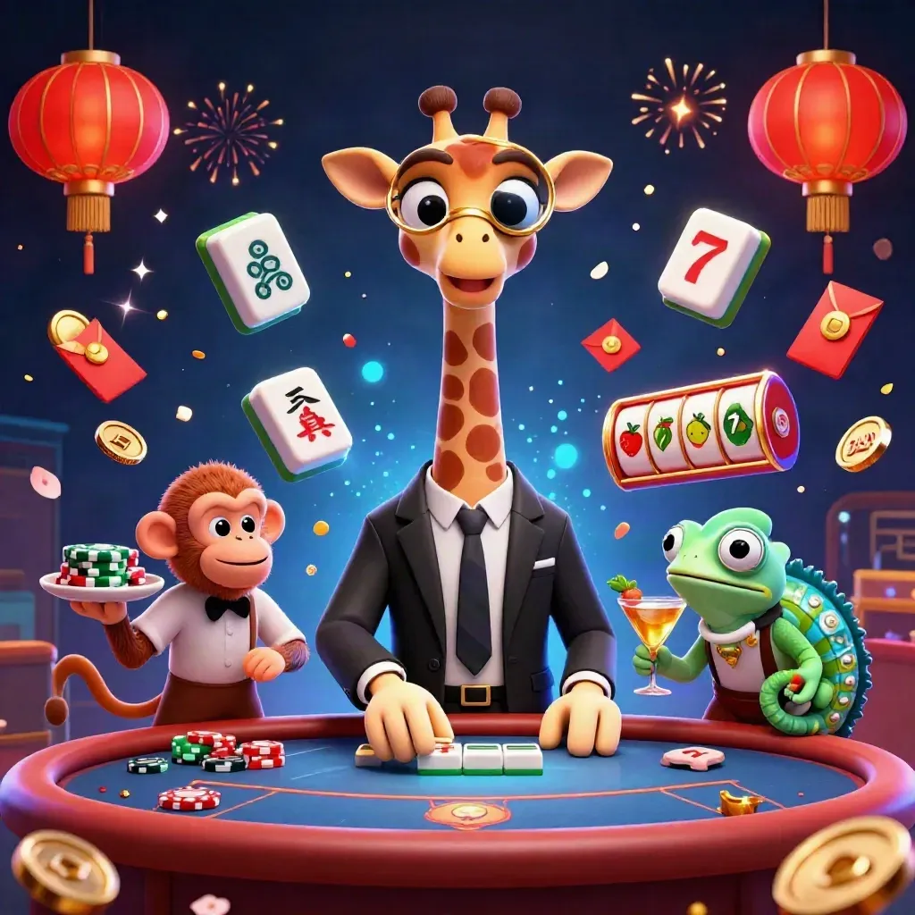 Giraffe, monkey, and chameleon casino heroes amid glowing tiles, lanterns, coins, and fireworks.