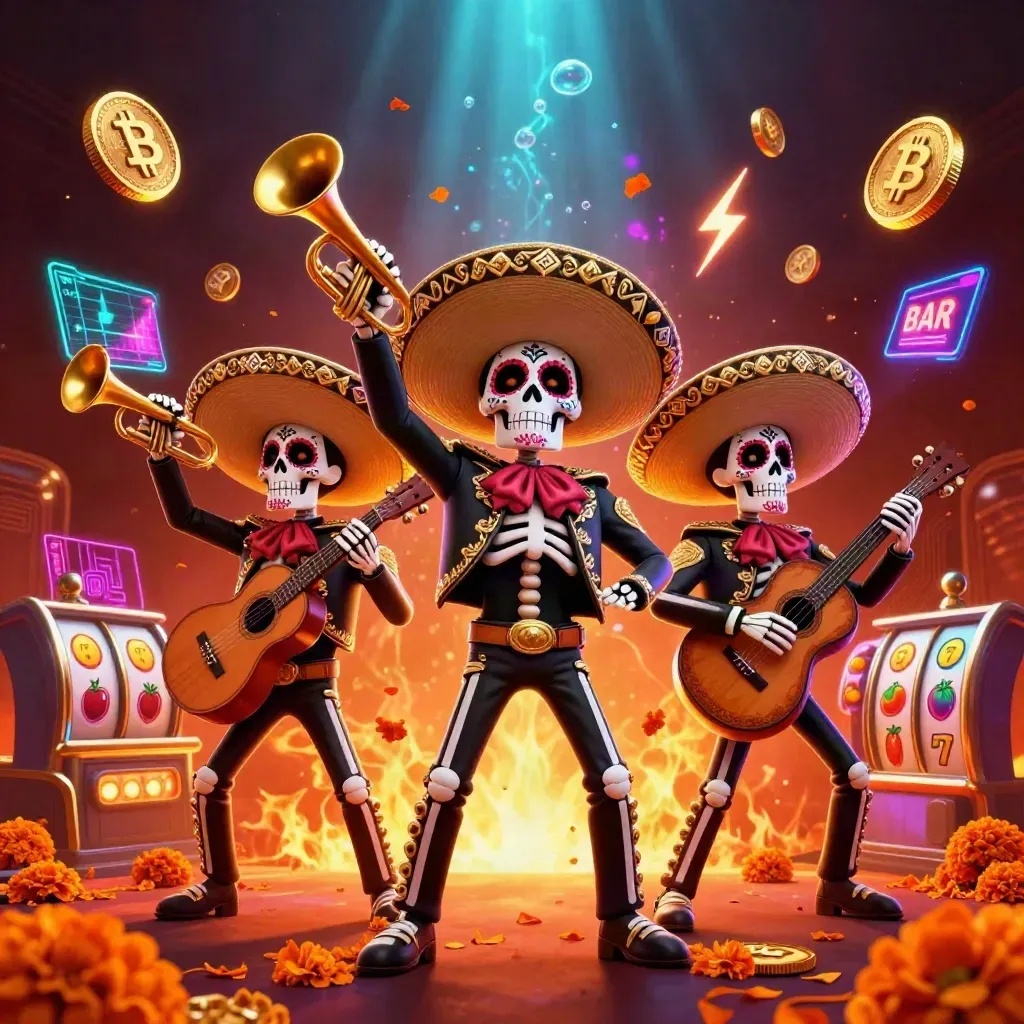 Three skeleton mariachi heroes amid neon coins, reels, petals, and glowing casino effects.