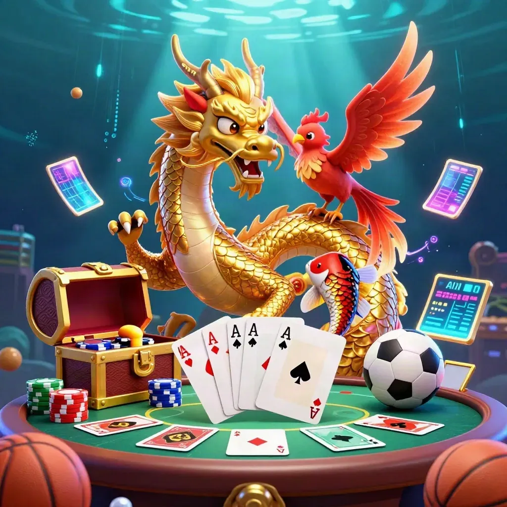 Golden dragon with phoenix and koi over poker chips, cards, balls, and neon casino glow.