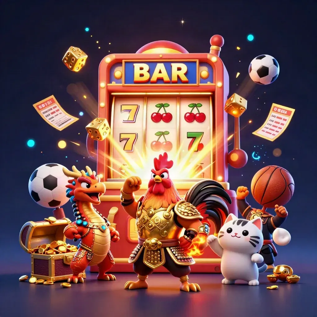 Rooster warrior, dragon hatchling and lucky cat around a bursting slot machine with casino rewards.