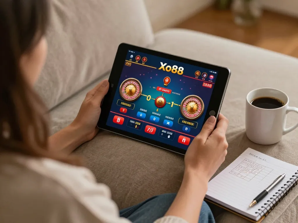 Xo88 player enjoying live casino action on a tablet in a cozy home environment
