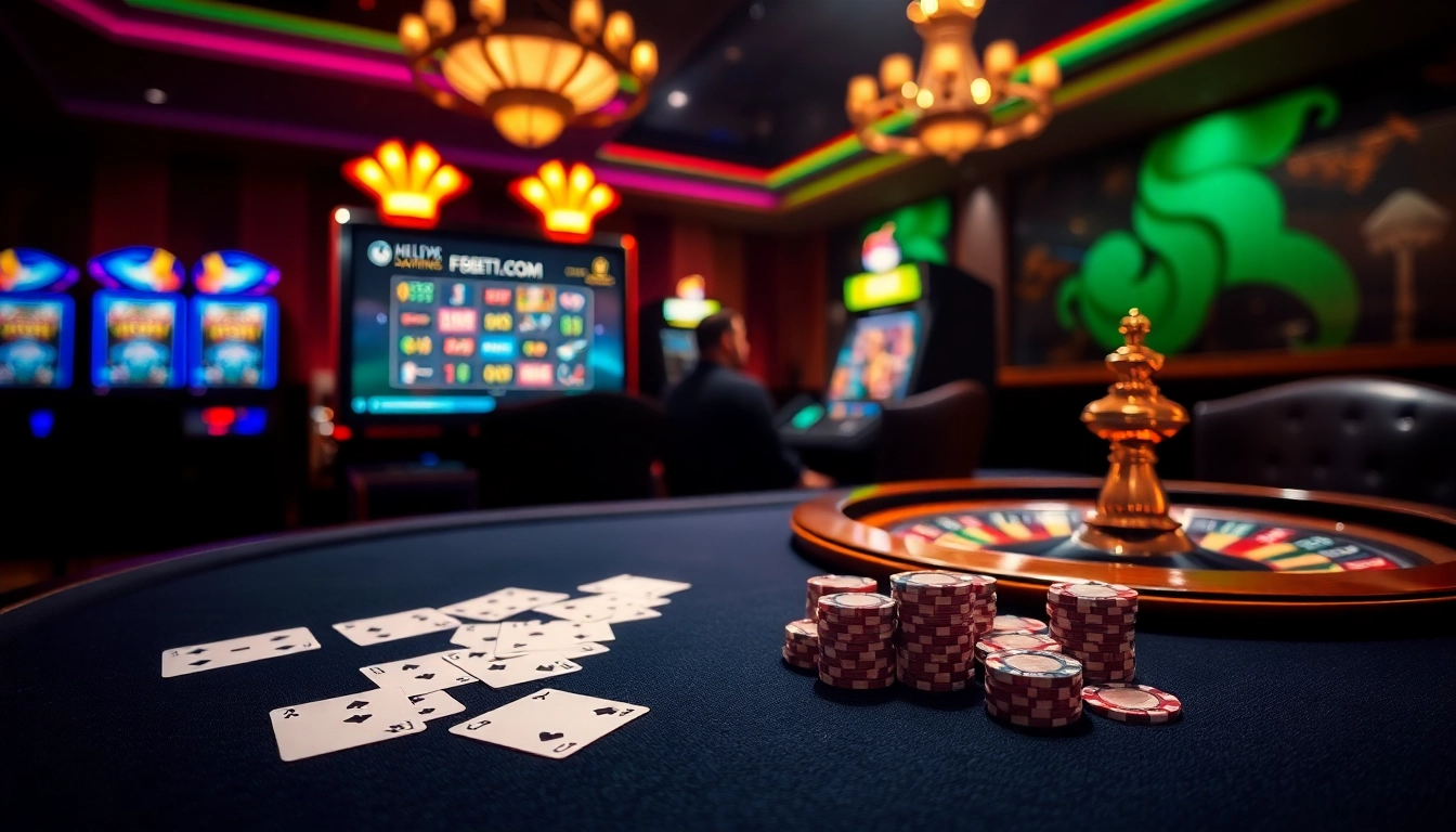 Experience top-tier gaming at https://f8betb1.com/ with a vibrant casino scene filled with poker tables and thrilling slot machines.