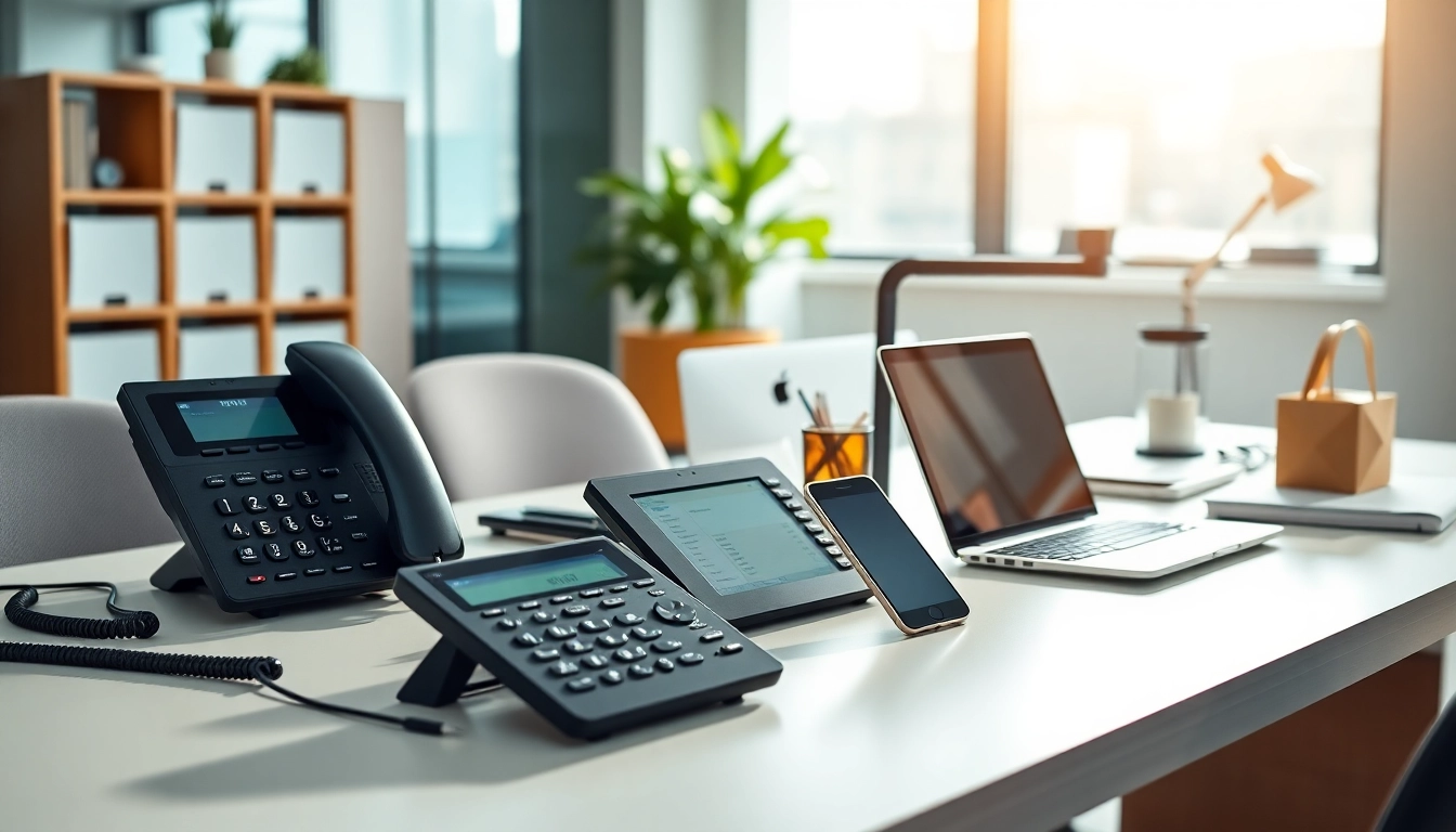 Showcasing business phone providers with modern office technology and sleek devices.