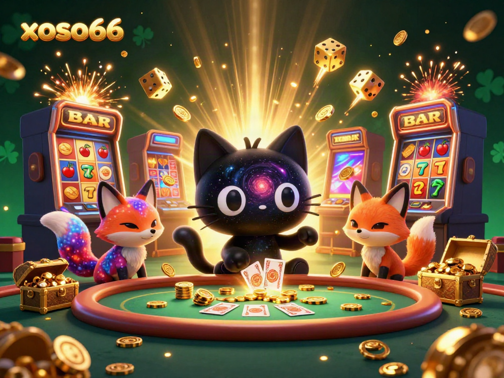Experience the vibrant cosmic casino magic with xoso66 as cartoon characters spin golden chips and treasures.