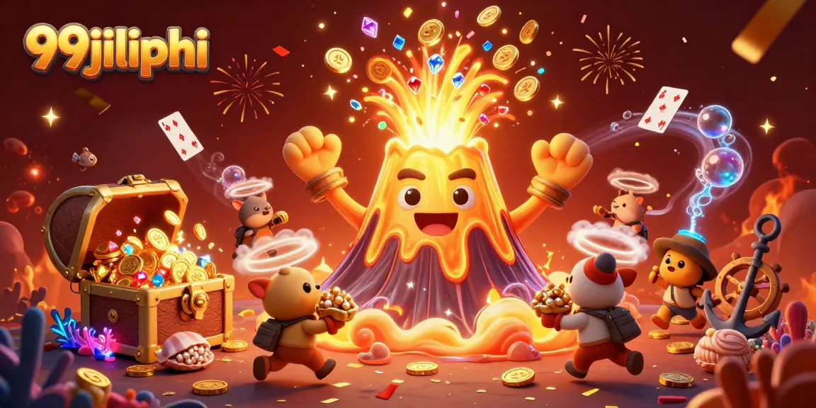 Experience the excitement of 99jiliphi with a golden volcano erupting treasure and gaming elements.
