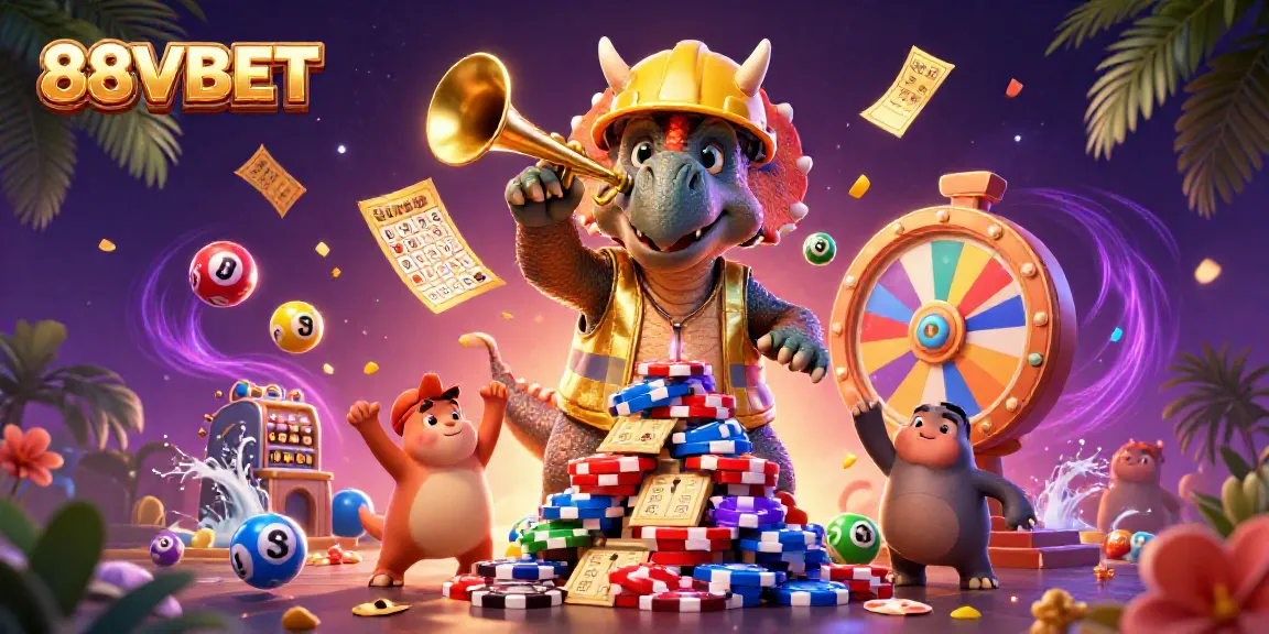 Engage with 88VBET's thrilling gaming scene featuring cartoon characters and dynamic casino elements.