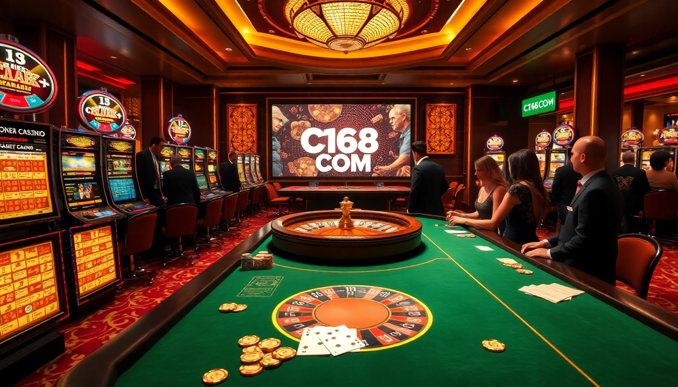 Experience the thrill of C168 COM at an upscale casino with poker tables and roulette wheels.