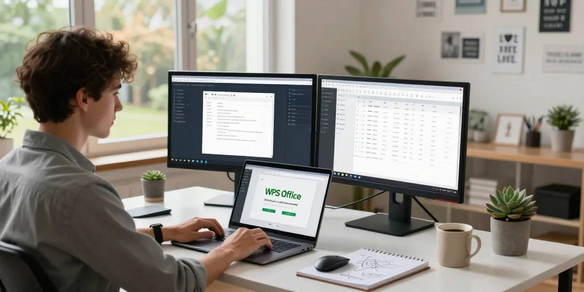 WPS Download in a vibrant home office setup, professional downloading software on modern devices with inspired decor.