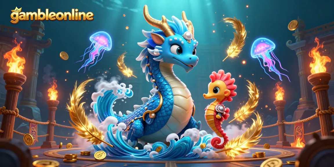 Experience thrilling gameplay at gambleonline with a 3D cartoon scene of a dragon and seahorse knight.