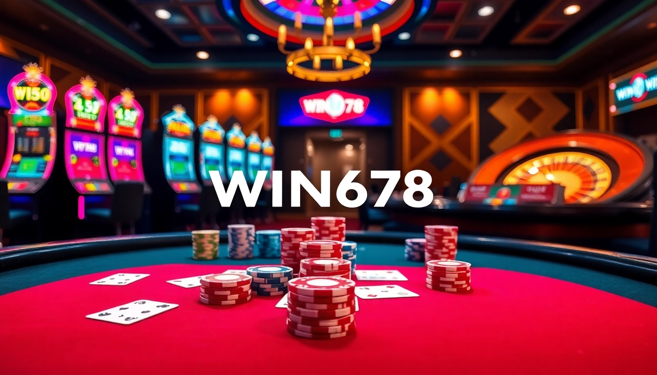 Casino scene with WIN678 logo showcasing a thrilling gambling atmosphere with poker and slots.