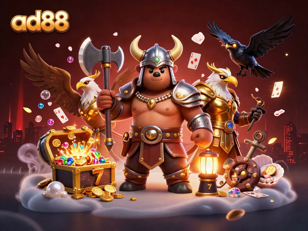 Experience the thrill of ad88 with a captivating Viking scene filled with treasures and slots.