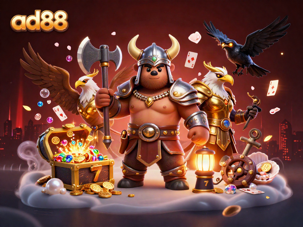 Experience the thrill of ad88 with a captivating Viking scene filled with treasures and slots.