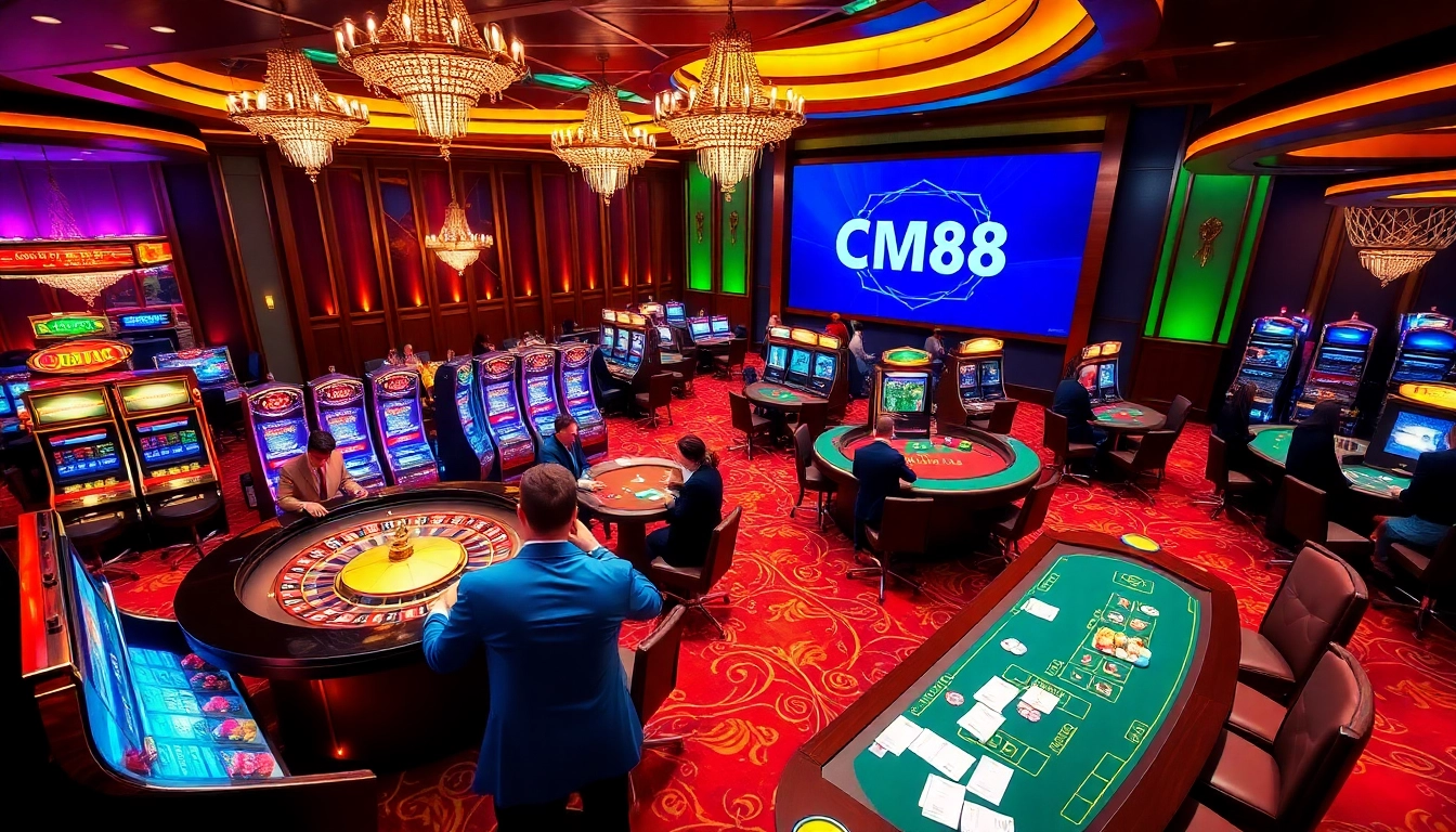 Players enjoying the excitement of casino gaming with CM88 branding in a luxurious atmosphere.