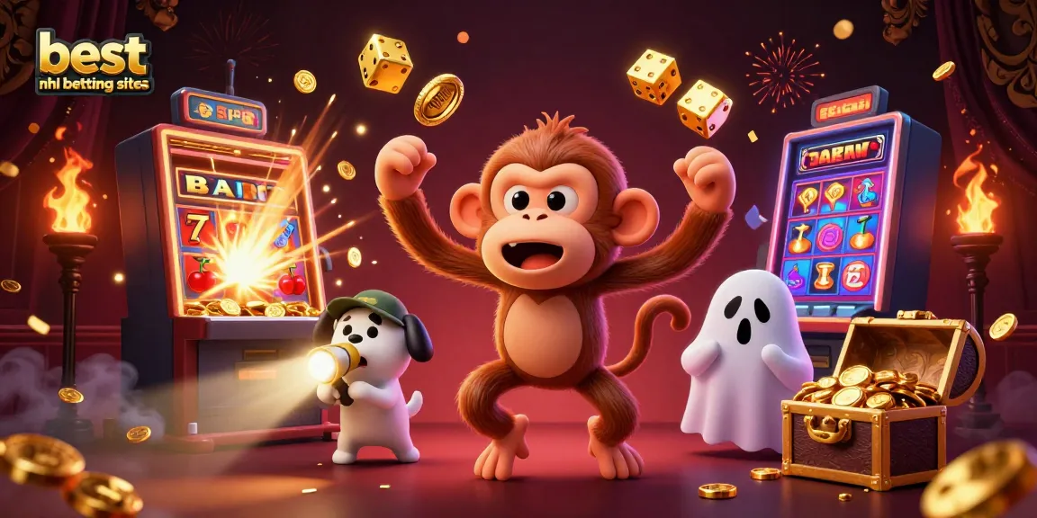 Engage with the best nhl betting sites in a thrilling scene featuring playful characters and vibrant casino elements.