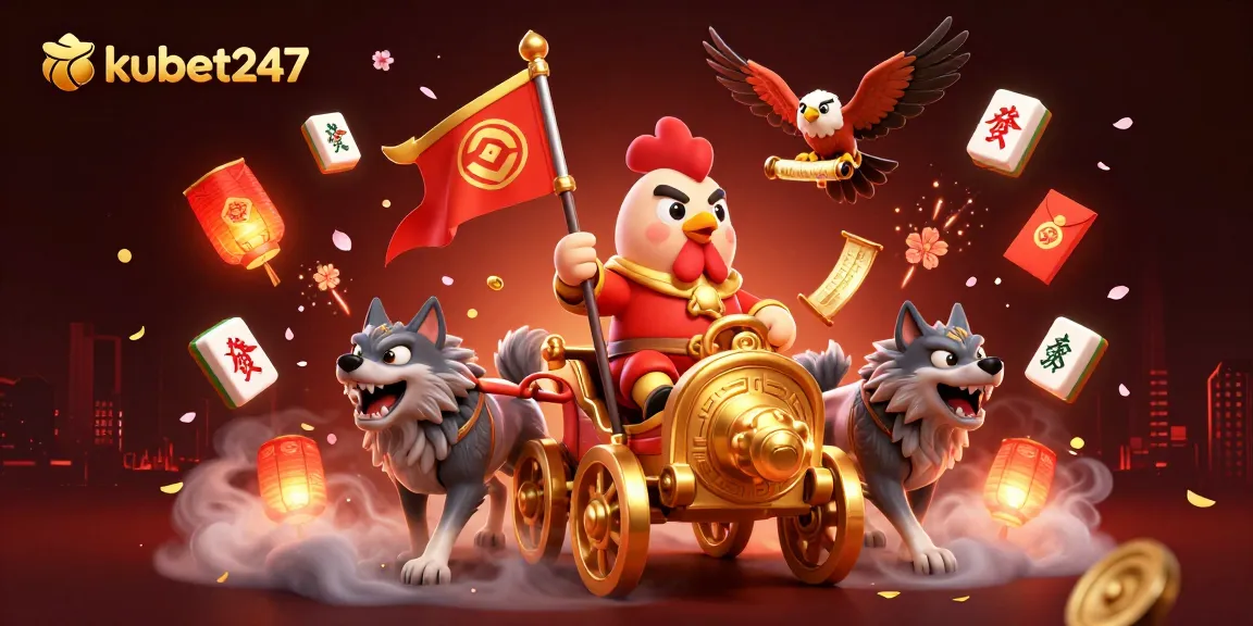 kubet247 showcases a vibrant, action-packed scene with a rooster warlord and dynamic casino elements.