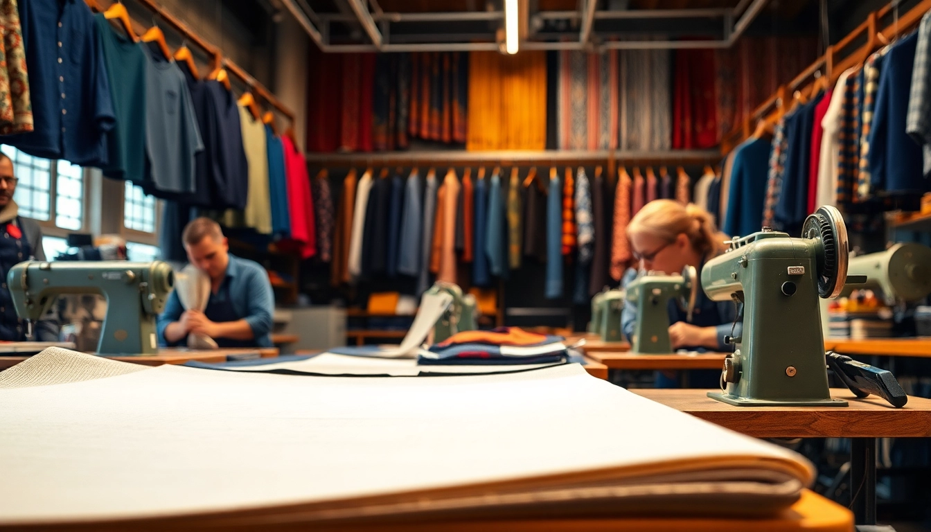 Custom Clothing Manufacturer showcasing artisans crafting unique garments in a vibrant workshop.