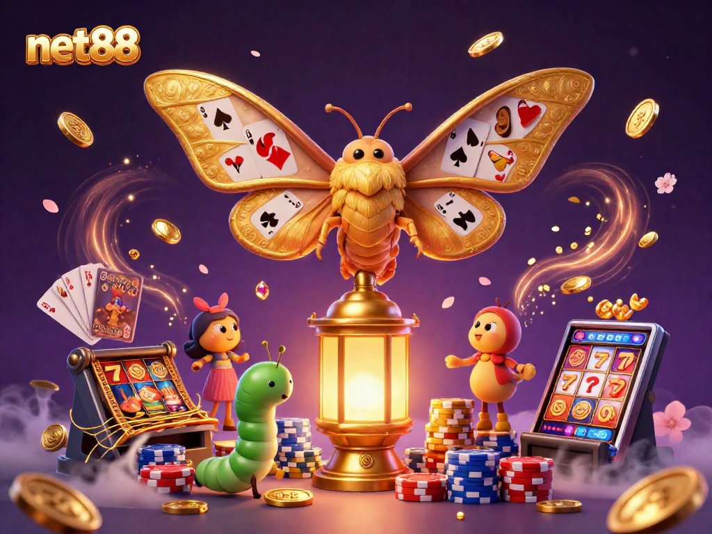 Play casino games with net88 amidst 3D illustrations of vibrant characters and casino elements.