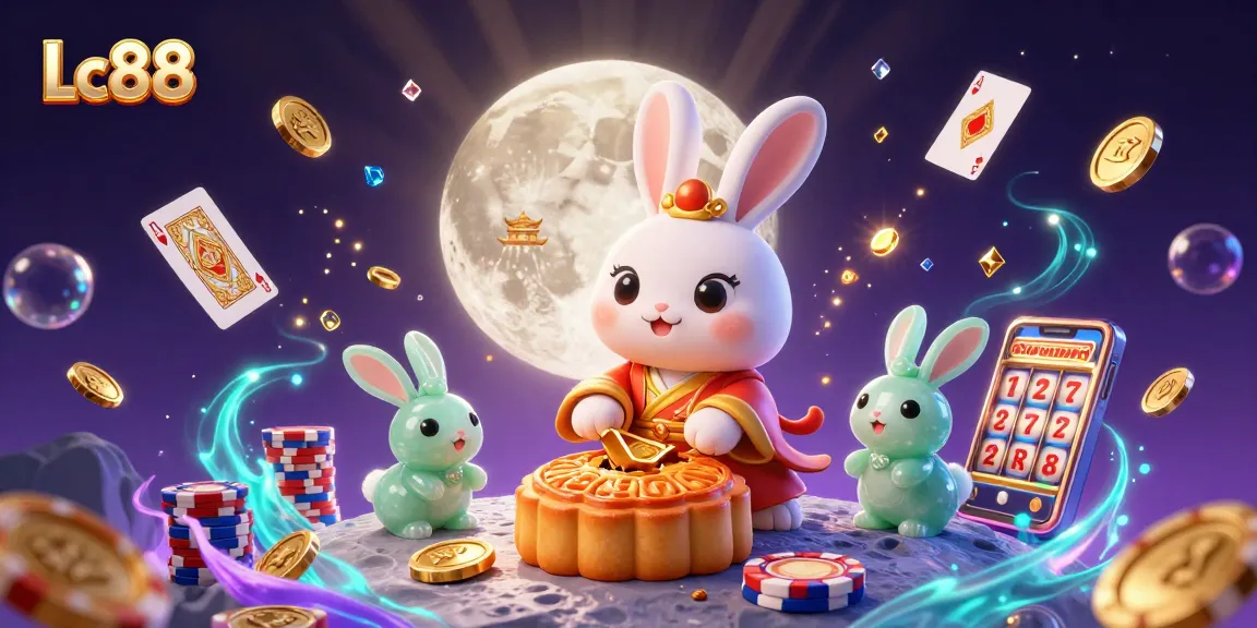 Experience the thrill of Lc88 with vibrant casino elements around a moon rabbit.