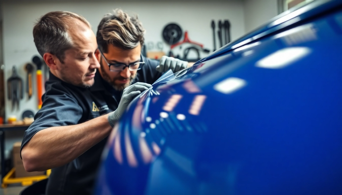 Skilled technician installing PPF Chattanooga on a shiny car under bright lighting.
