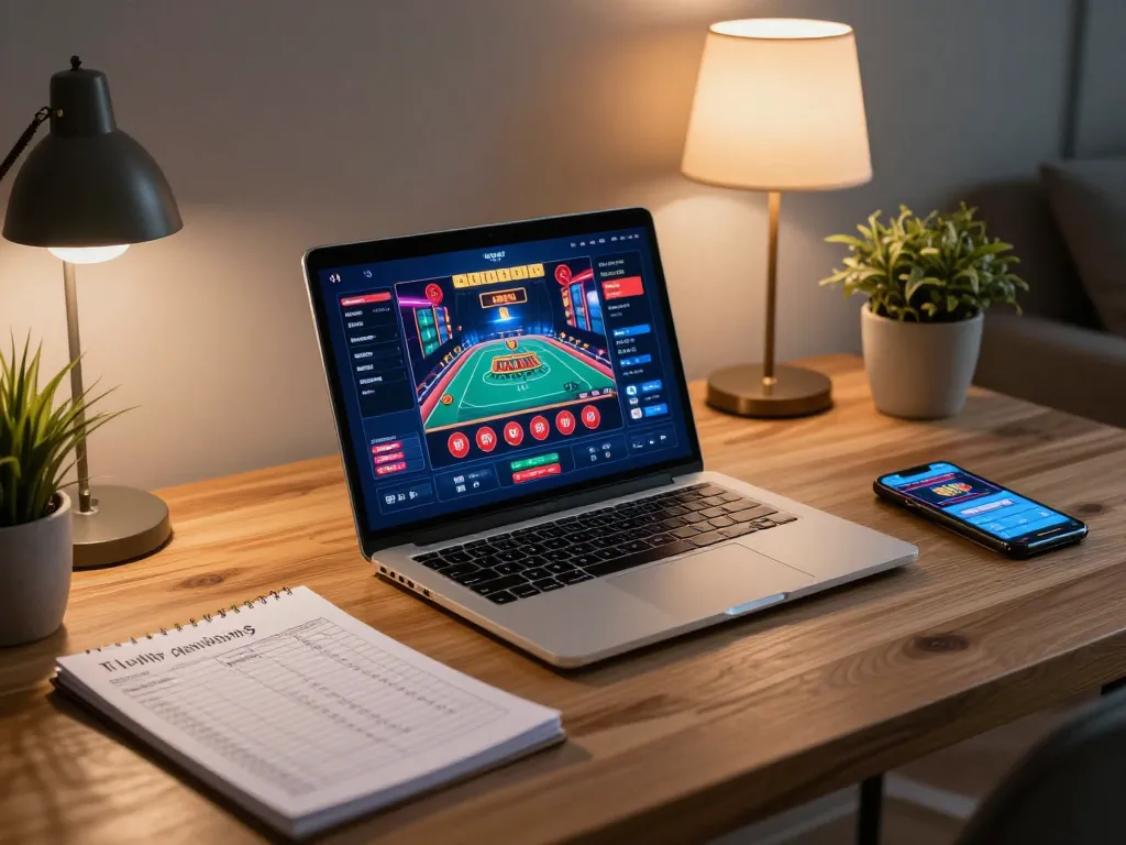 Engaging in online gambling with Da88 interface glowing on laptop, strategic notes beside.