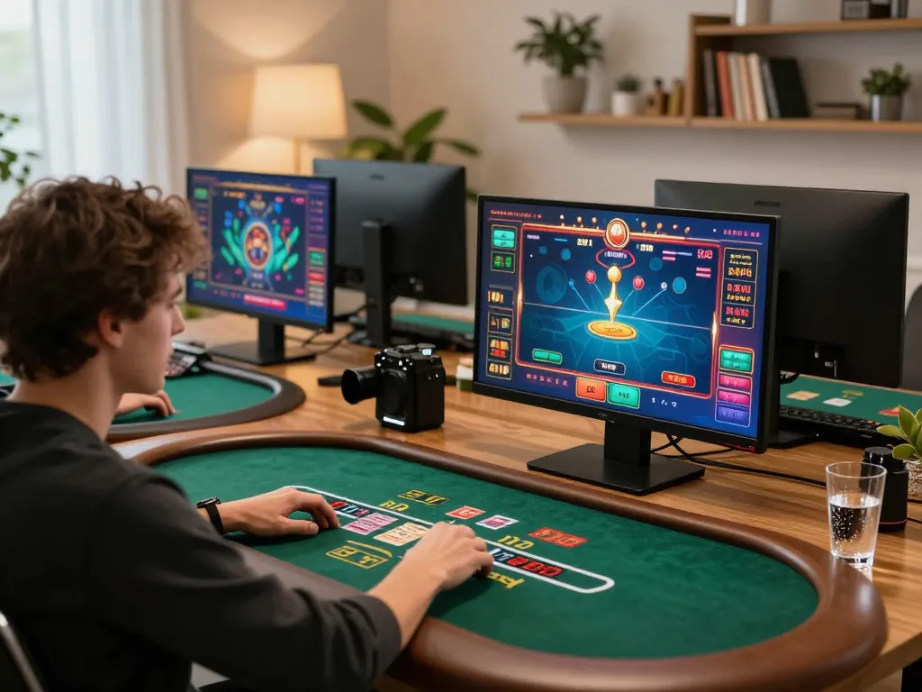 Player enjoying TR88 online blackjack with live dealer in a stylish home office setting.