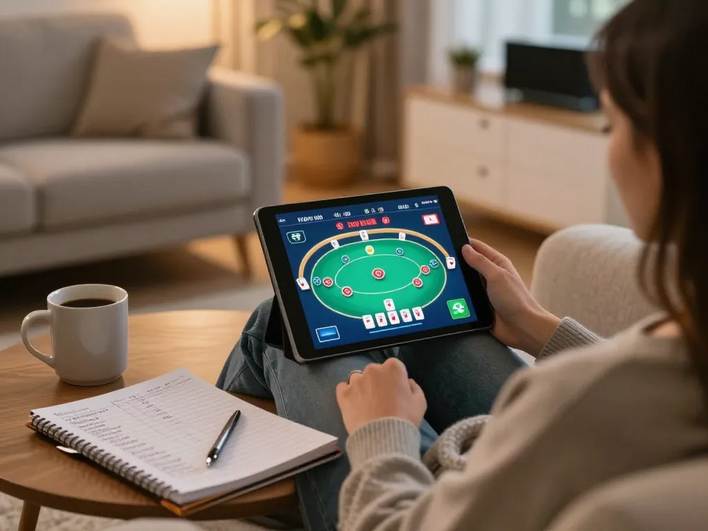 Engaged in online gambling at home, the person explores nhà cái rr88 on their tablet.