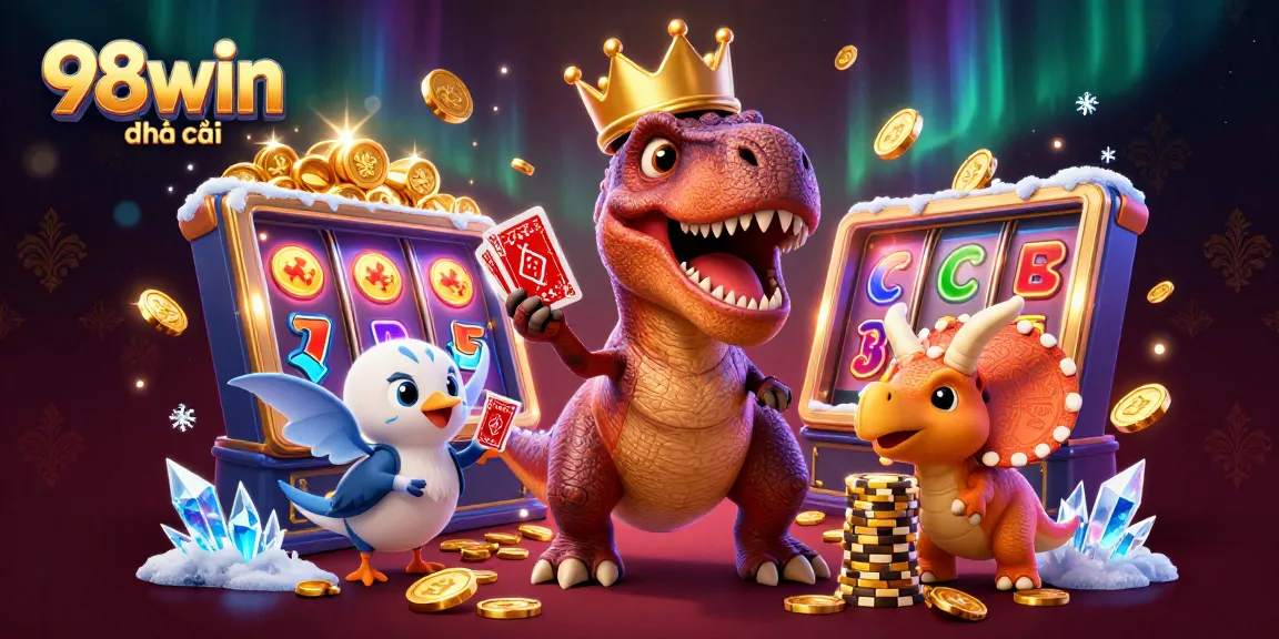 Win big with 98win nhà cái featuring a vibrant casino scene and playful dinosaur characters.