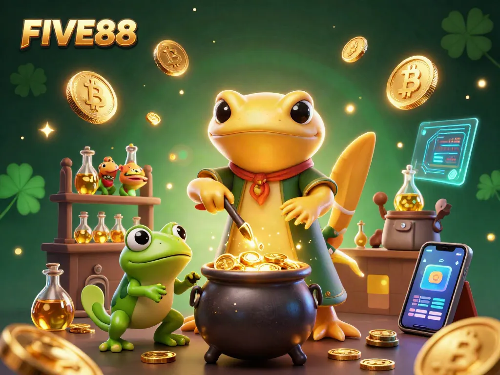 Experience winning at FIVE88 with a golden alchemist transforming coins in a rich casino scene.