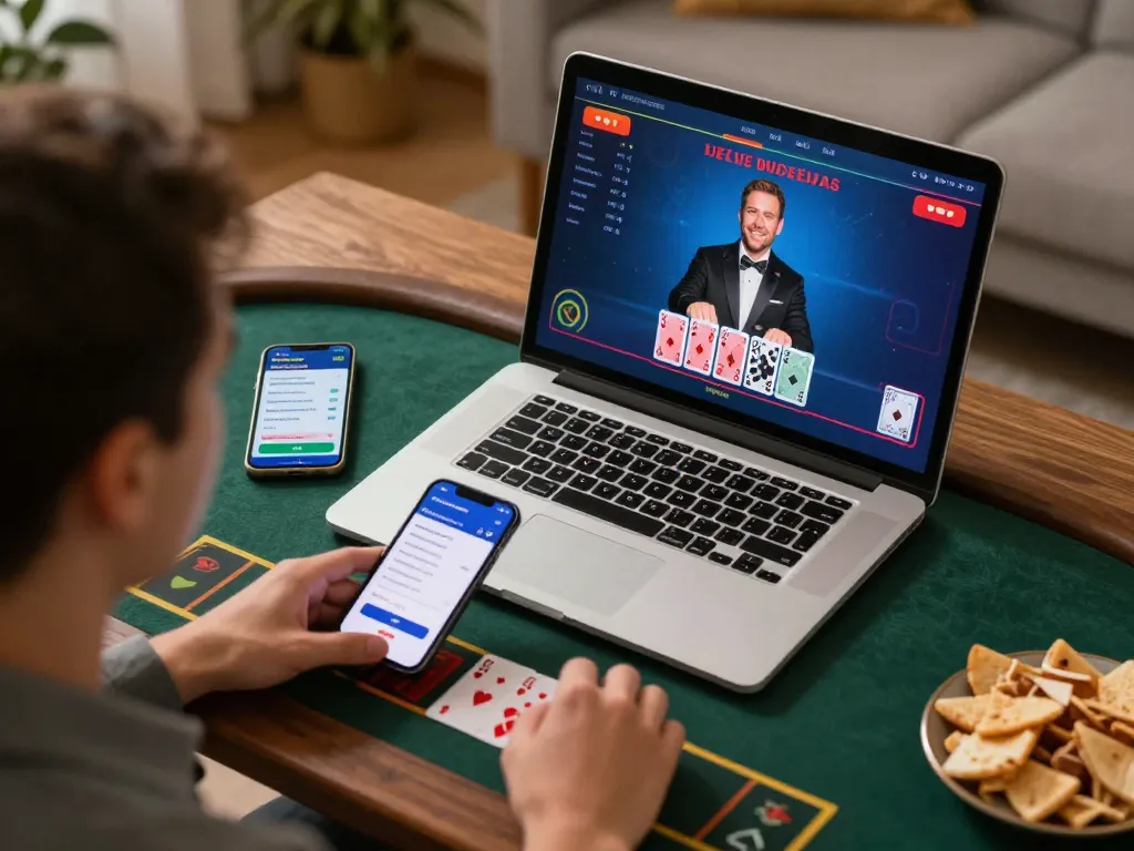 Engaging in a live dealer game on mm88star from a cozy home setup, showcasing strategic online gambling.