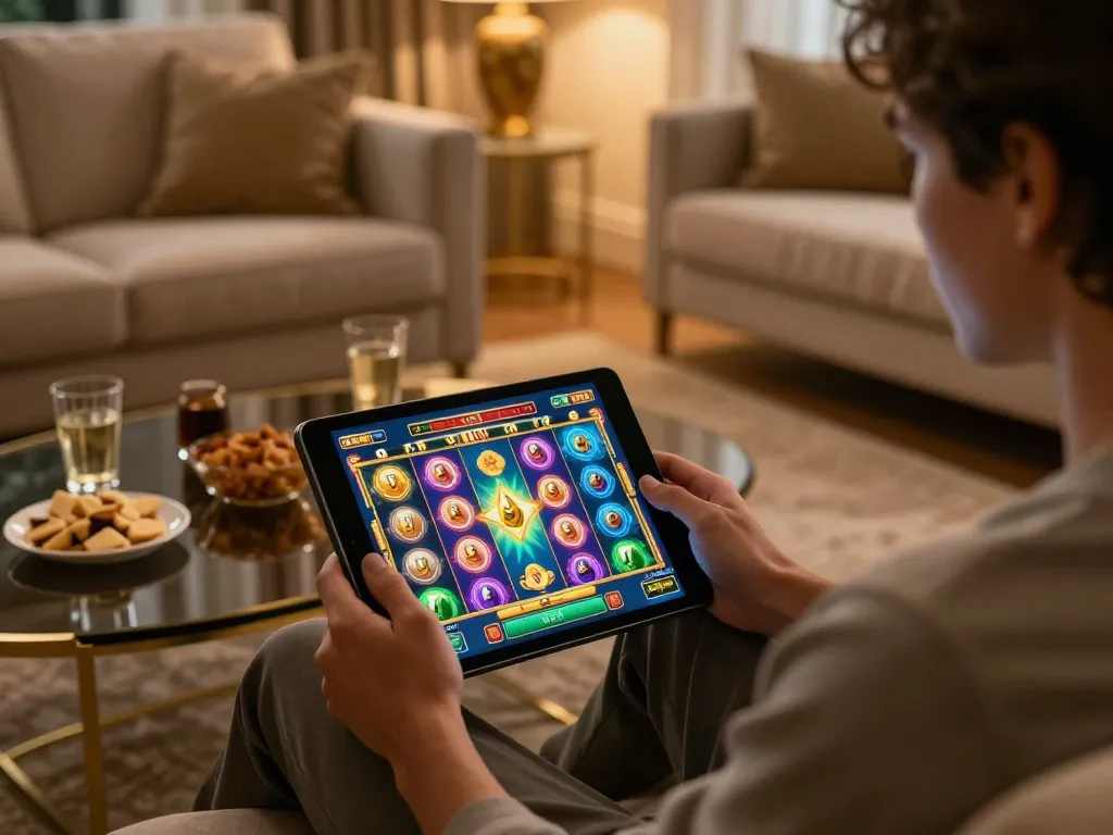Win138 player enjoying slot games on tablet in a cozy, responsible gaming environment