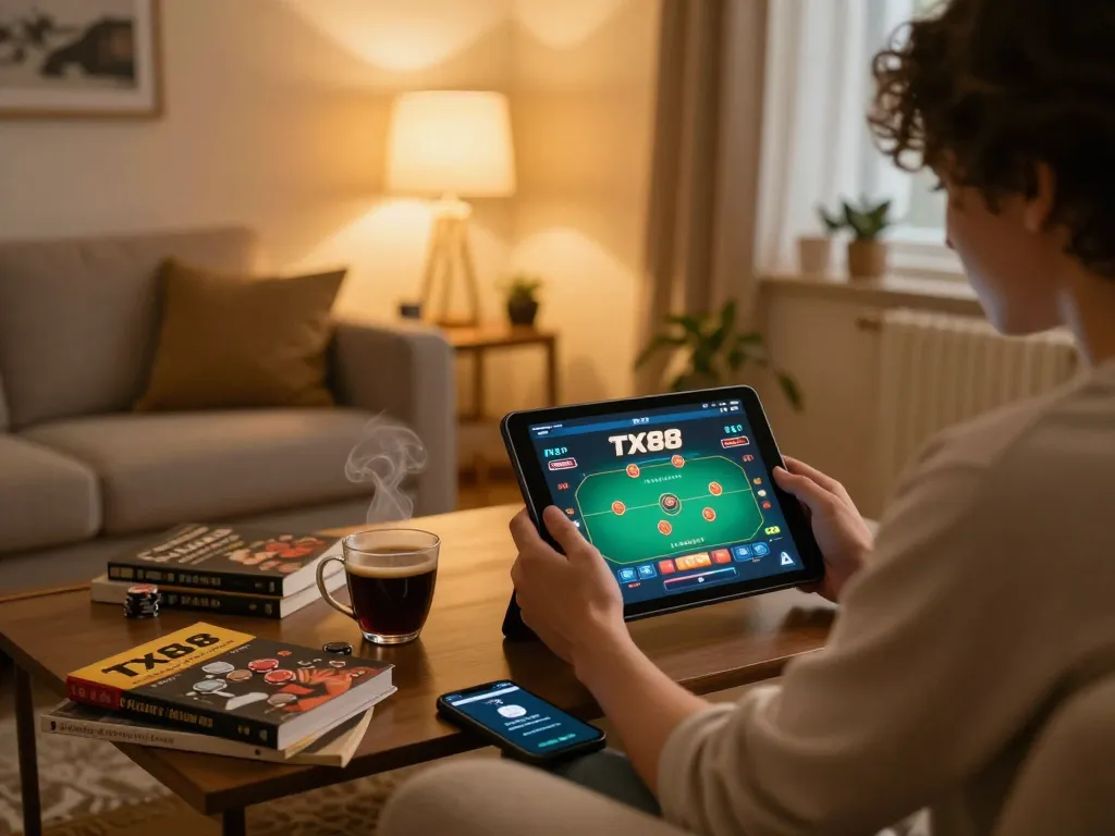 Engaging in a TX88 poker game on a tablet, showcasing a cozy home gaming environment.