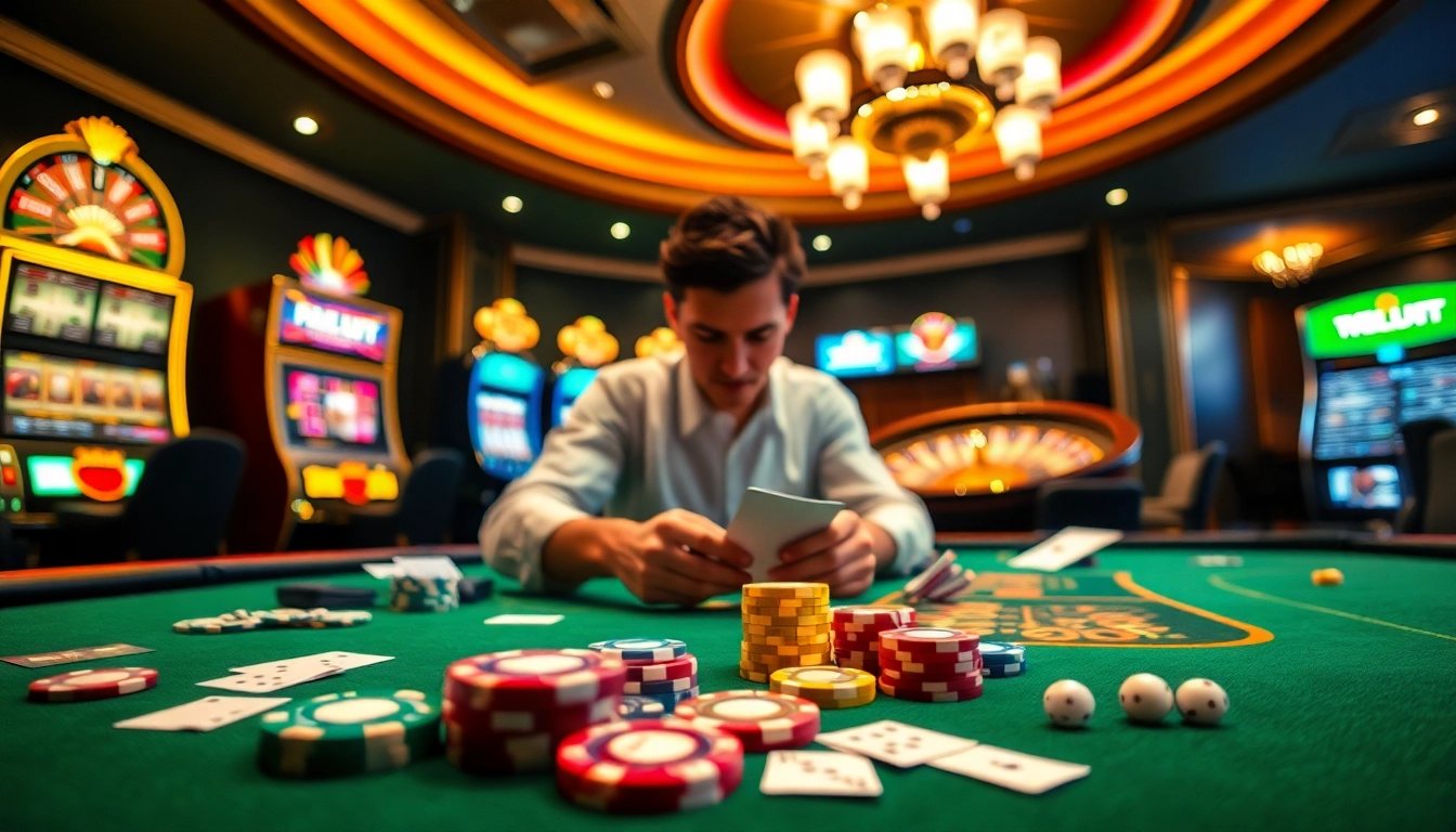 Experience thrilling gambling action at https://bj881.it.com/ with dynamic cards, chips, and a roulette wheel.