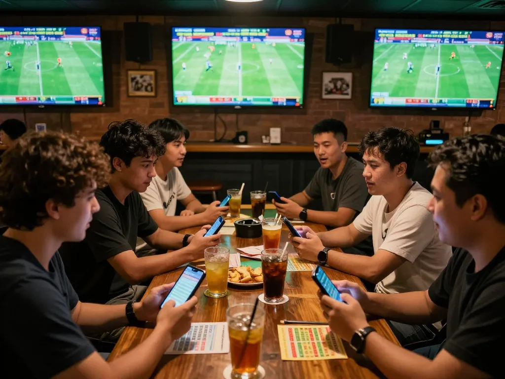 Engaged patrons placing real-time bets in a vibrant sports bar during live matches, highlighting kèo nhà cái trực tiếp excitement.