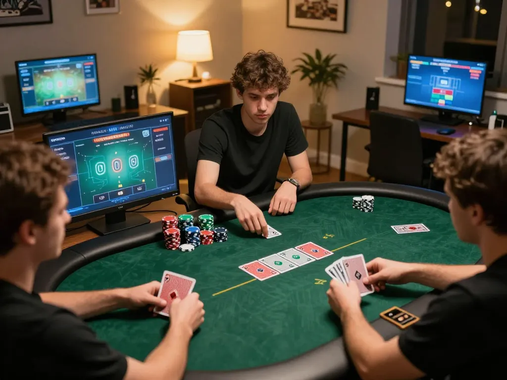 Players engaging in an exciting online poker game at home, highlighting 99ok's user-friendly interface.
